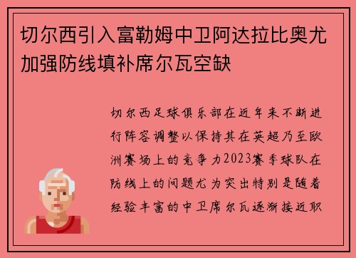 切尔西引入富勒姆中卫阿达拉比奥尤加强防线填补席尔瓦空缺