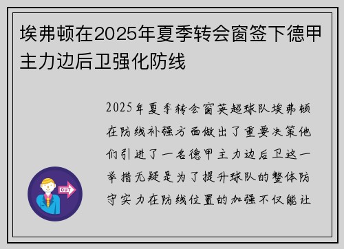 埃弗顿在2025年夏季转会窗签下德甲主力边后卫强化防线