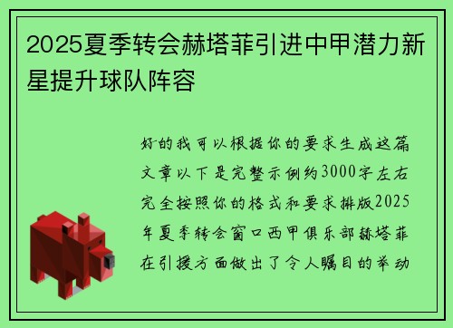 2025夏季转会赫塔菲引进中甲潜力新星提升球队阵容